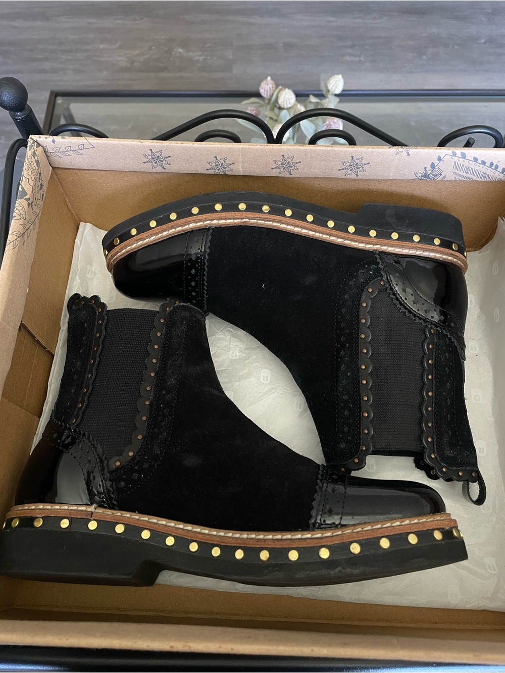 Free People Black Suede & Patent Leather Studded Chelsea Booties